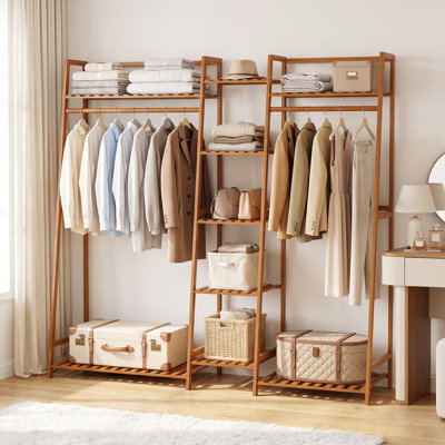 7-Tier Trapezoid Coat Rack, Bamboo Clothing Garment Rack, Open Closet Organizer Wardrobe Storage Shelves with Hanging Rod