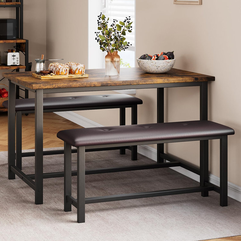 Kitchen Table With Benches, Dining Table Set For 4, Rectangular Dining Room Table Set With 2 Upholstered Benches, 3 Piece Kitchen Table Set For Small Space, Apartment, Studio, Retro Brown