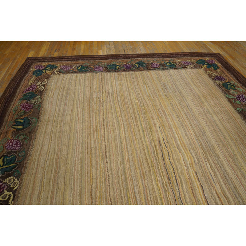 Hooked Antique Room Size 1920s American Ivory Wool Rug