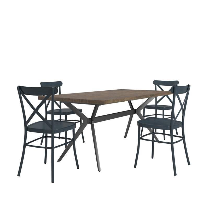 Devan 70" Iron Metal Base Dining Table And X-Back Metal Chairs Set - Table And 4 Chairs, Navy, Gray