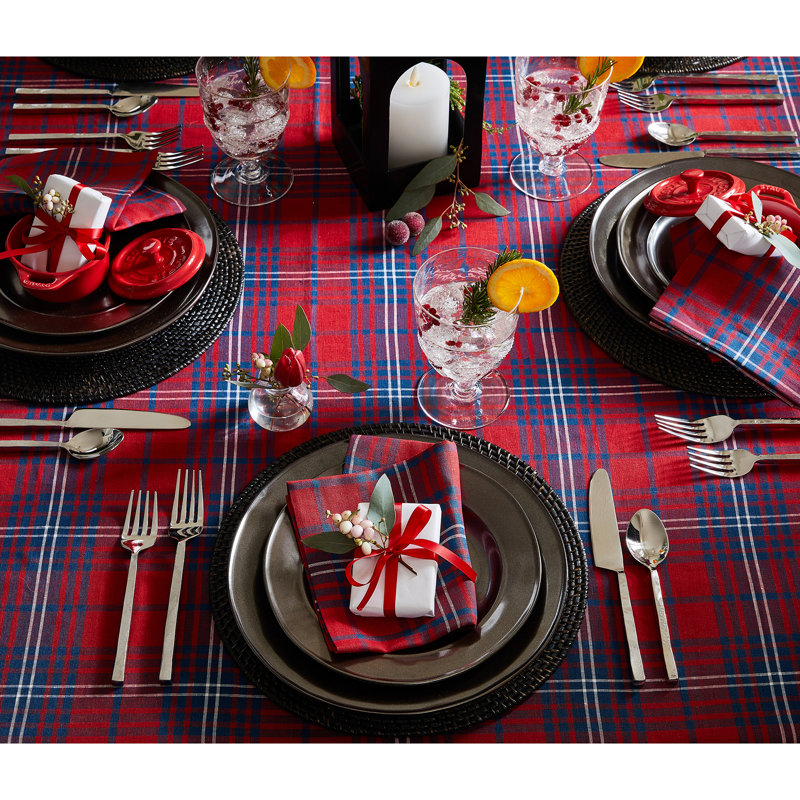 Red and Navy Plaid Linen Table Runner, 14 x 36 Inch