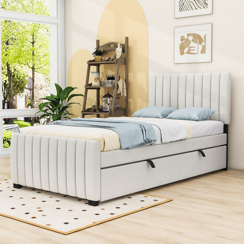 Twin Upholstered Platform Bed with Twin Trundle, Beige