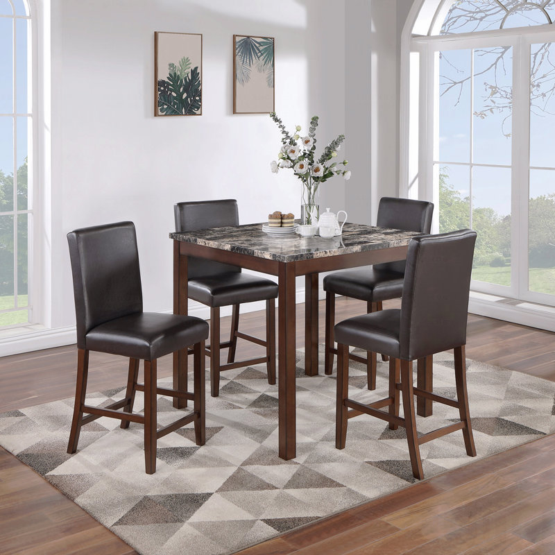 Ensemble de salle à manger 5 pièces à hauteur de comptoir avec plateau de table en marbre Fau X et 4 chaises hautes en cuir Fau X