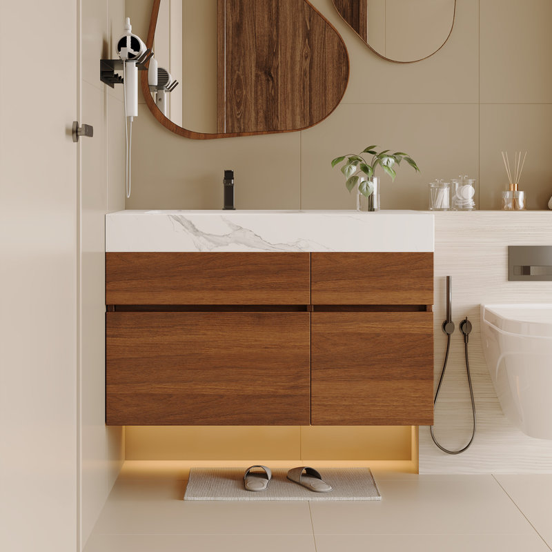 Meuble-lavabo flottant moderne de 36 po avec plateau en pierre frittée et lavabo en céramique