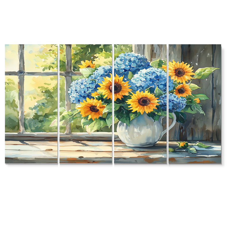 Hortensias et tournesols ferme II - hydrangées murales - Art mural traditionnel, H 28 po x l 48 po, 4