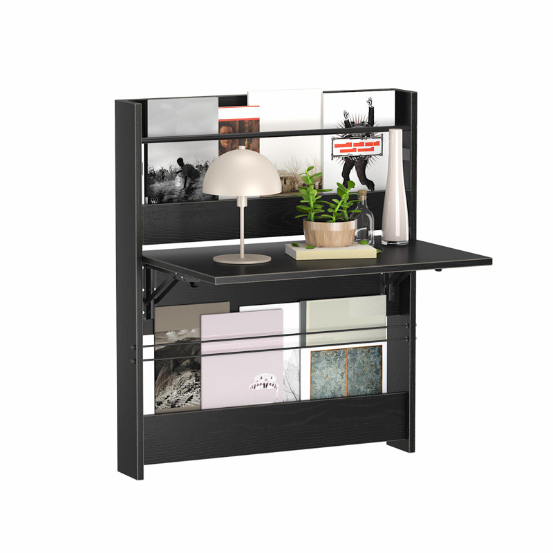 Bureau mural table pliante murale Bureau flottant avec tablette de rangement, Noir, noir, noir, noir