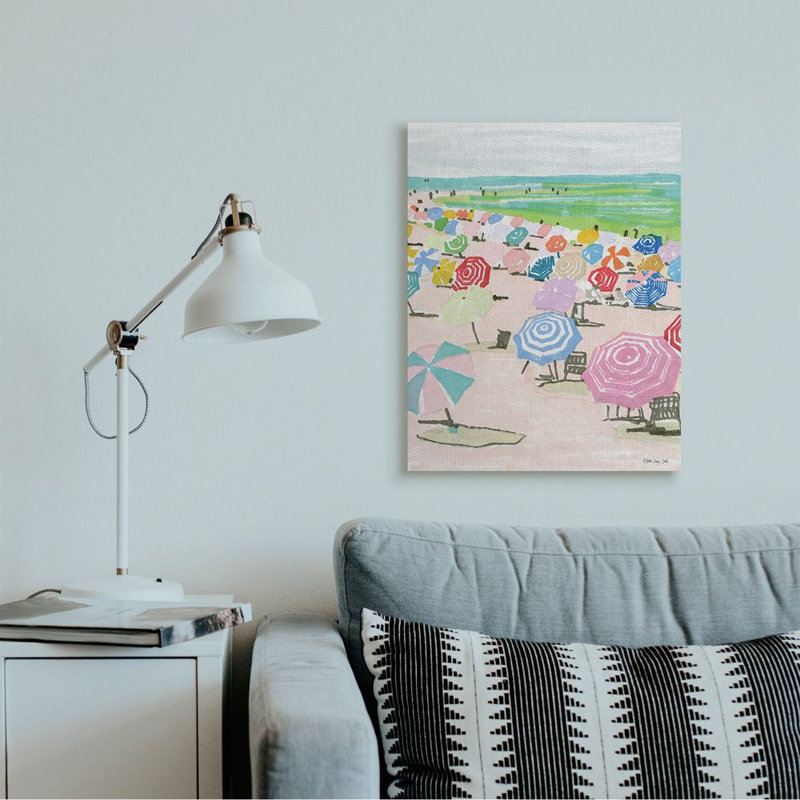 Pastel Umbrella Fillé Beach Landscape - impression d'art graphique, H 30 po x l 24 po x 1,5 po, Toile tendue