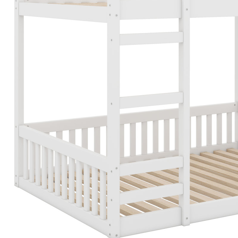 Full Over Full Bunk Bed, Wood Floor Bunk Beds With Ladder And Guardrails, White