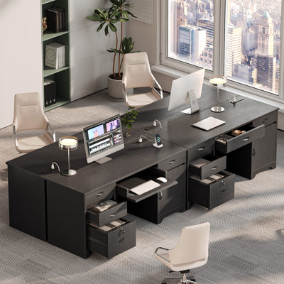 59"Computer Desk Black/White with Embeded Power Strip,Lockable Office Desk with Ample Storage by Inbox Zero
