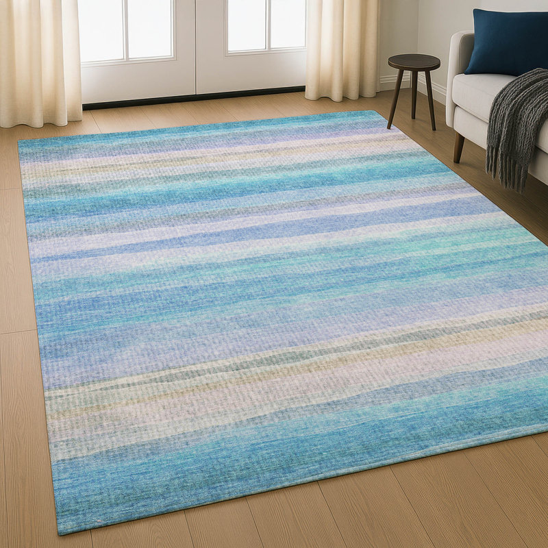 Premium Machine Washable Mayfield AMF2093 Striped Rug, Aqua, 9' x 12'
