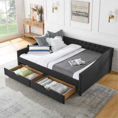Grand lit de jour avec tiroirs, canapé-lit capitonné, avec bouton sur le dos et clou en cuivre sur les accoudoirs ondulés (84,5 po x 63,5 po x 26,5 po)