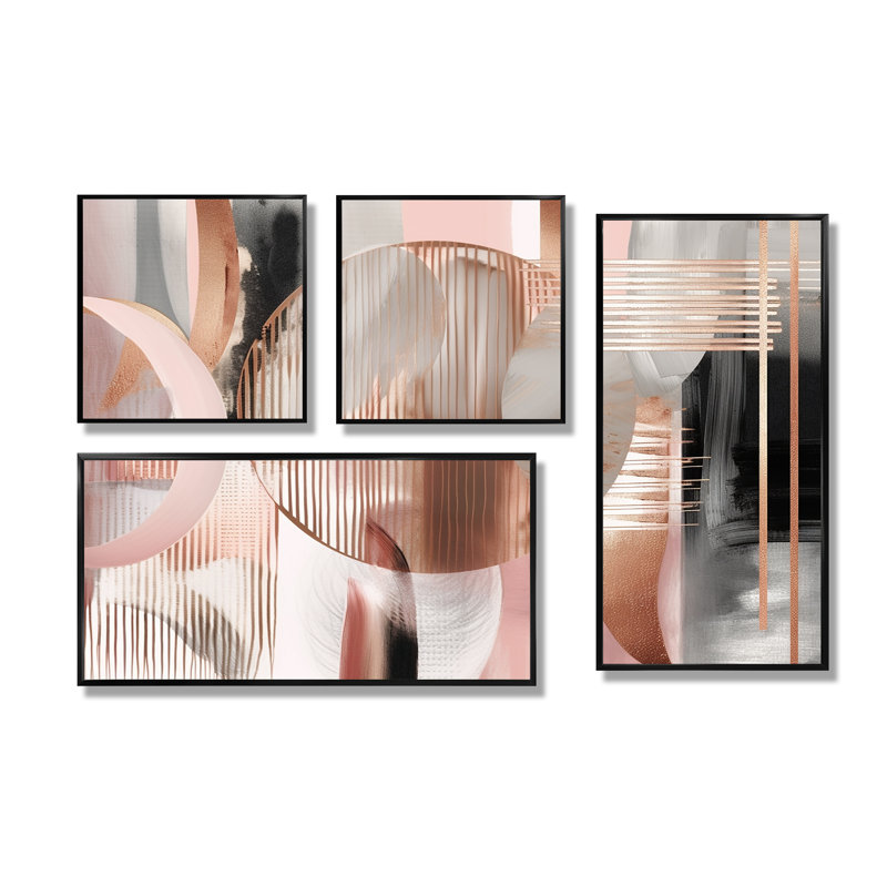 Rayures et lignes roses, art moderne IV - formes modernes abstraites, art mural transitionnel, grand, 4 pièces, Noir
