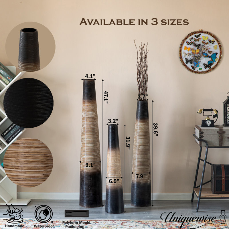 31-Inch Tall Handcrafted Brown Ceramic Cylinder Floor Vase