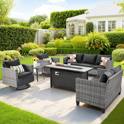 Harbin Wicker Rattan 7 - Person Outdoor Seating Group with Cushions with Fire Pit Table with Swivel Rocking Chairs