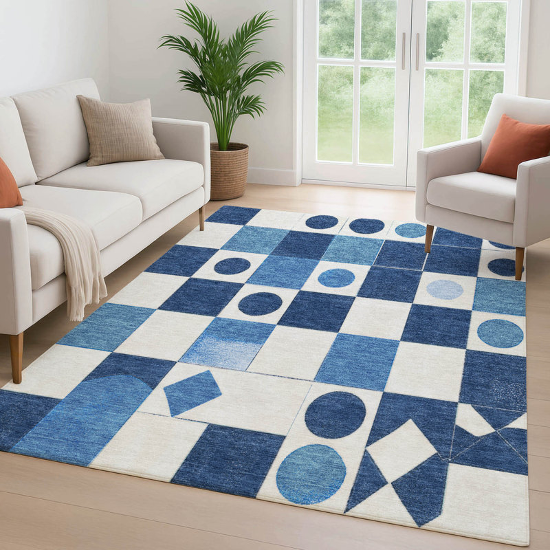 Tapis géométrique lavable à la machine de qualité supérieure Mayfield, Bleu, 10 pi x 14 pi