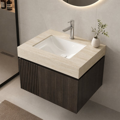 Meuble-lavabo mural 24 po avec comptoir en travertin Roma, fermeture en douceur, trou de robinet simple