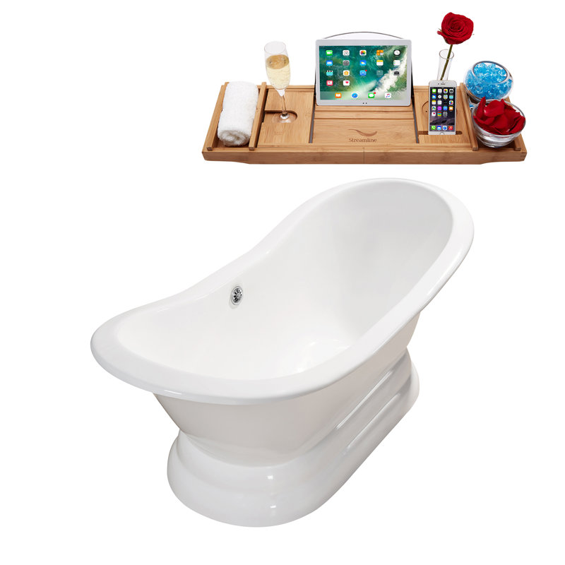 Baignoire de trempage autoportante 72 po avec plateau en bambou Streamline, Chrome poli