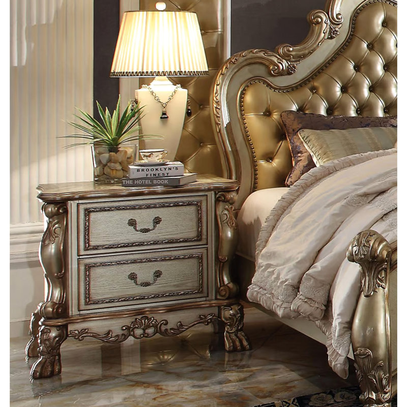 Table de chevet en peuplier avec 2 tiroirs dorés et patinés pour la chambre à coucher