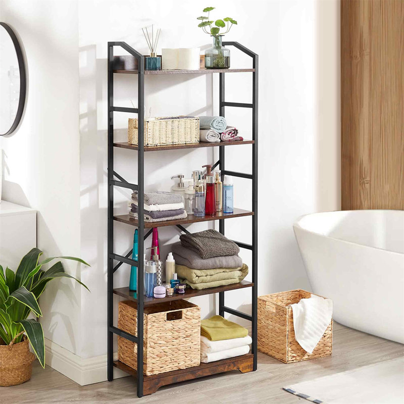 Rustic 5-Tier Bookshelf With Removable Storage Baskets - Heavy Duty Metal Frame, Noir / brun clair