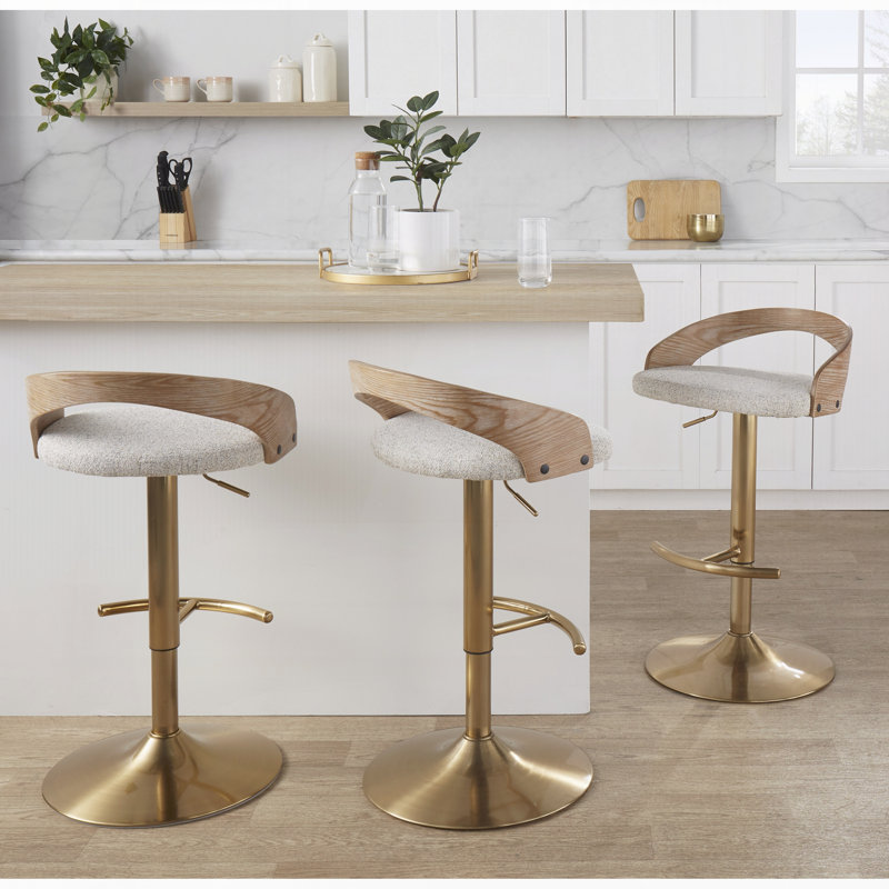 Tabouret de bar pivotant réglable en métal doré, bois blanchi et tissu d'avoine avec repose-pieds arrondi en forme de T, lot de 3