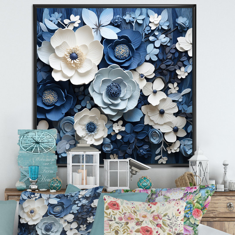 Collage de fleurs bleues et blanches saisonnier III - Fleurs, Cadre flottant noir, H 30 po x l 30 po x P 1 po