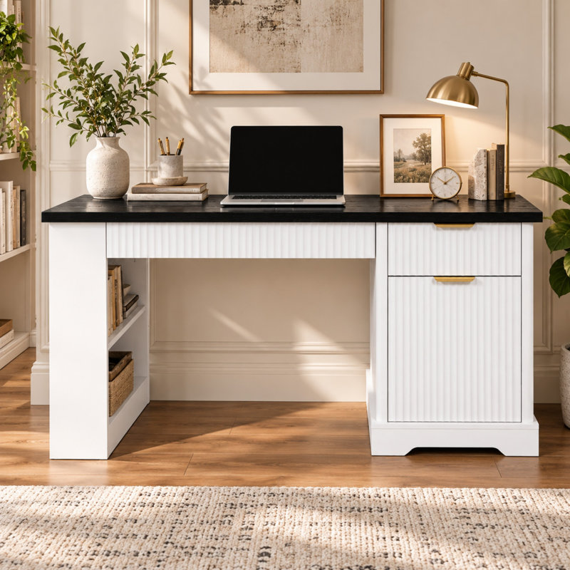 Bureau cannelé de 55 pouces avec armoire de rangement et prise électrique, Blacks Blanc