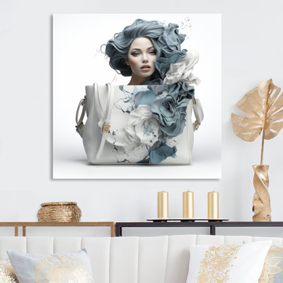 Blue And White Woman And Hand Bag Fusion I - Fashion Bag Metal Wall Art