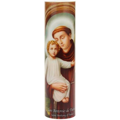 Bougie de prière scintillante à DEL de la collection Saints de St. Anthony - prières en anglais et en espagnol, décoration religieuse unique pour l'autel, le manteau de cheminée ou la maison