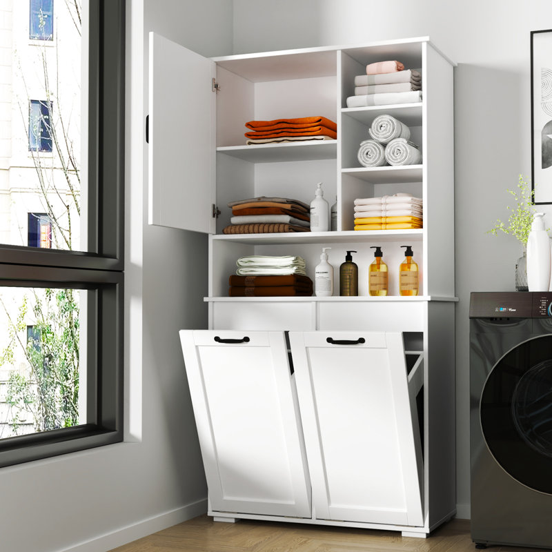 Armoire à linge blanche avec tablettes réglables - portes, tablette, panier inclinable, rangement multiple, entretien facile sur pied, blanc