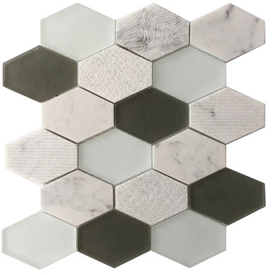 Anthracite Geo Hexagon Sequin Pattern 12-In X 13-In Marble With Glass Mosaic Wall Tile(1.08-Sq. Ft/ Piece)