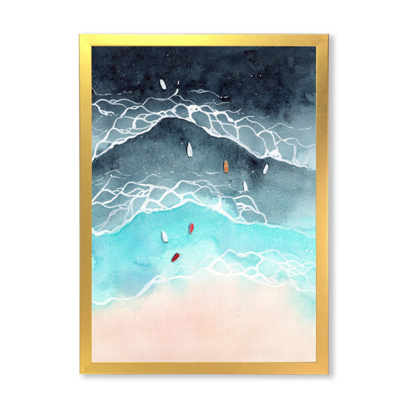Vue aérienne des vagues de l'océan tropical - Peinture sur toile, H 20 po x l 12 po x P 1 po, Cadre doré