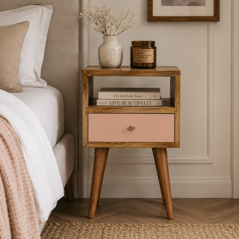 Fithian 30cm W Solid Wood Bedside Table, Blush