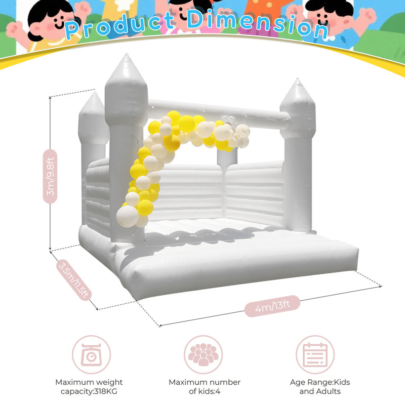 Château gonflable de 13 pi x 11,5 pi avec souffleur gonflable, décorations gonflables en PVC pour sauter, Blanc