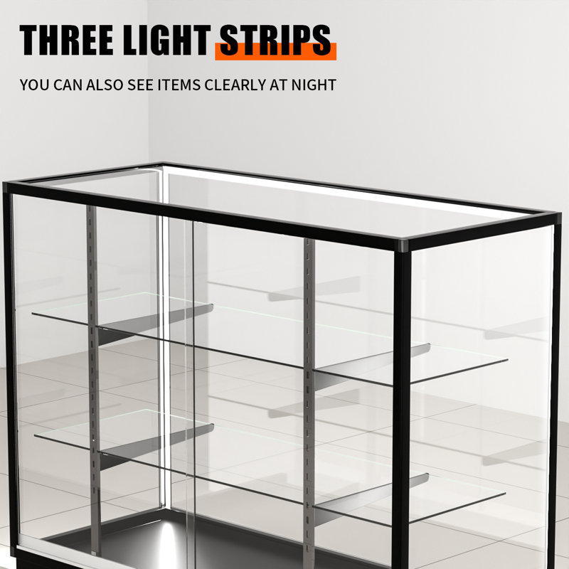 Huzjiehui P 48 po x l 20 po x H 38 po - Vitrine pleine vision au détail - Vitrine en verre avec cadre en aluminium noir et lumières DEL