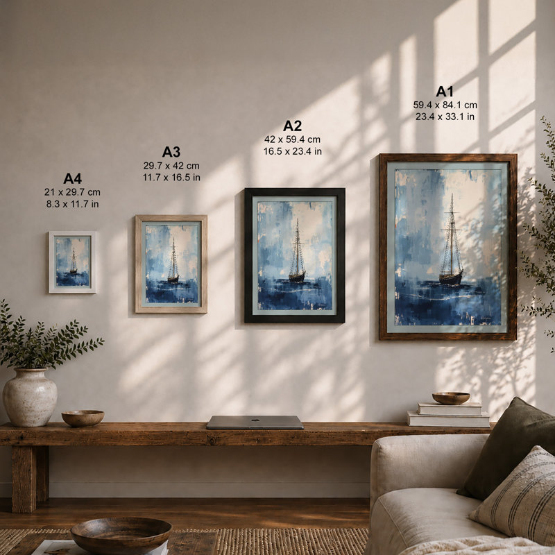 Sailboat in Mist Coastal - Framed Print, A1 - 84.1 x 59.4 cm, Black