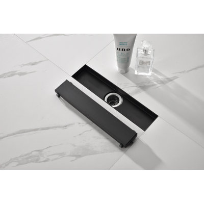 12 Inch Linear Shower Drain with Removable Flat Cover and Flange, Stainless Steel, Includes Hair Strainer and Leveling Feet, Matte Black