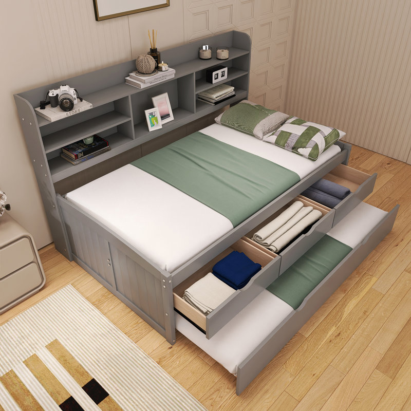 Lit capitaine simple en bois avec bibliothèque intégrée et trois tiroirs de rangement gris, Gris