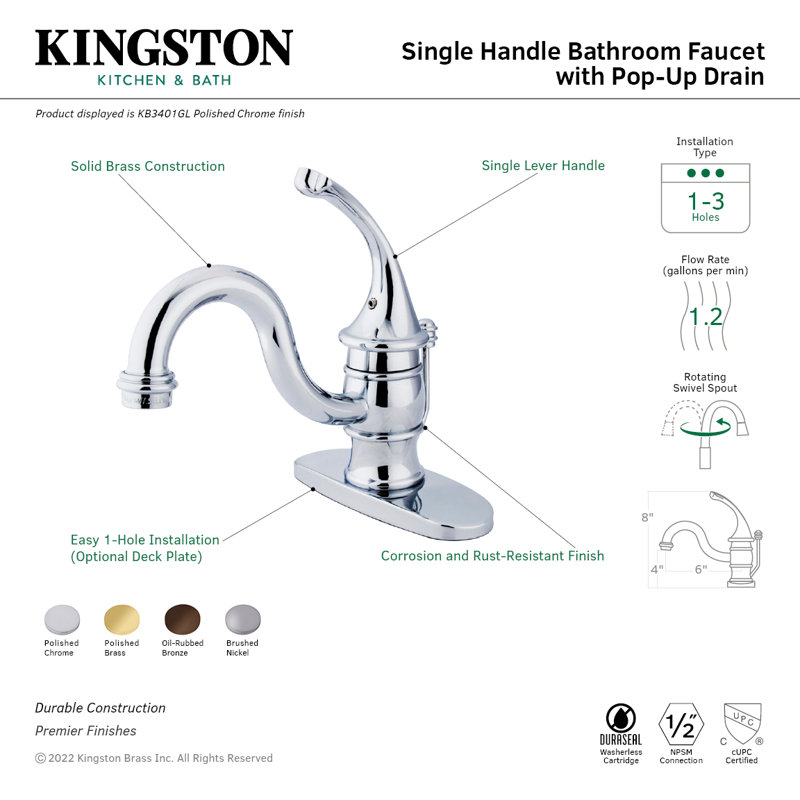 Kingston Brass Georgian Single-Handle 1-Hole Deck Mount Bathroom Faucet with Plastic Pop-Up, Polished Chrome