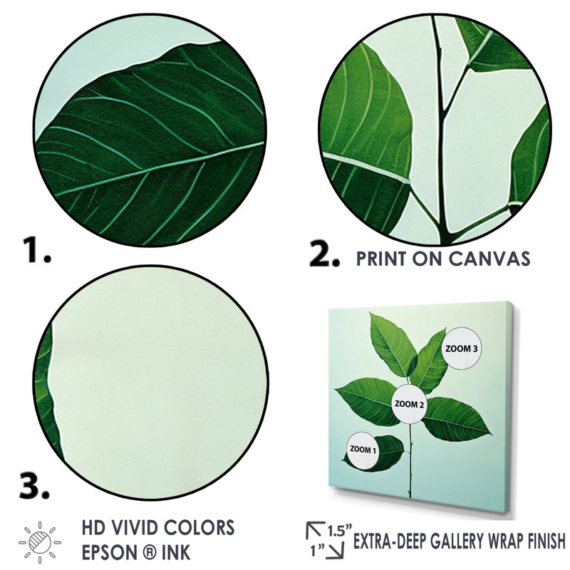 «Green Elegance Leaves I» sur toile, Cadre doré simple, H 24 po x l 24 po x P 1 po