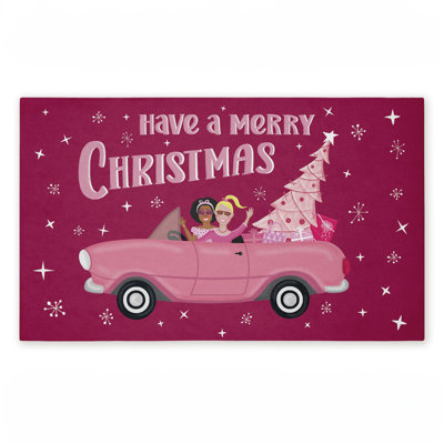 Midcentury Pink Christmas Printed Outdoor Door Mat, design by Darlene Seale, 18"x30"