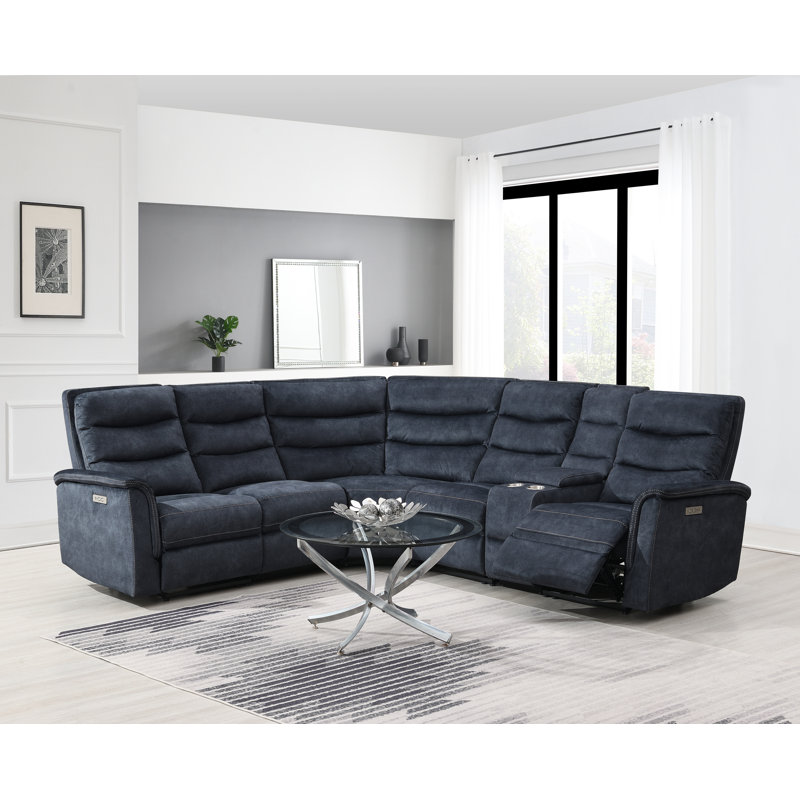 114 " Wide Power Reclining Sectional with Power USB Charging, Blue