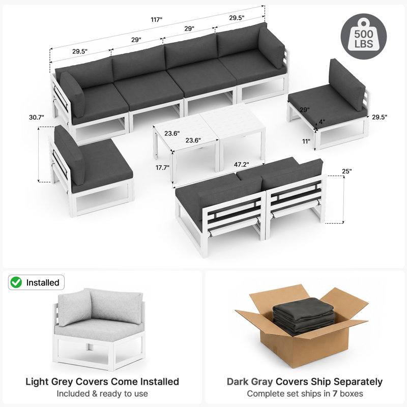 Qui 8 - Person Modern Aluminum Outdoor Sectional Seating Group with Cushions & Coffee Table, Rust-Resistant Patio Conversation Set