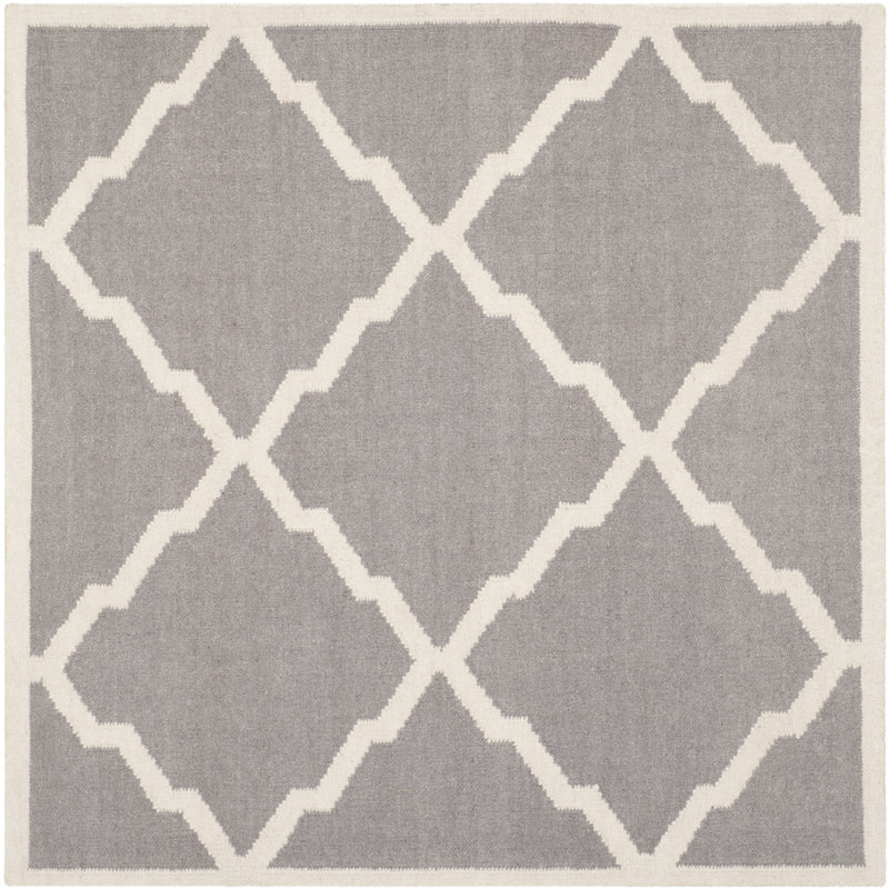 Brambach Hand Woven Flat Weave Wool/Cotton Geometric Rug in Gray, Square 8'
