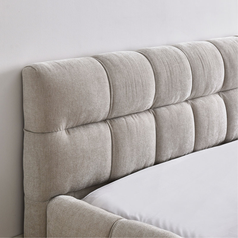 Structure de lit tapissier avec tissu épais, lit plateforme en chenille avec tête de lit et structure solide. Aucun sommier tapissier requis