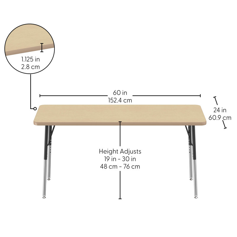 Table rectangulaire d'activité rectangulaire avec pieds réglables, 24" x 60", Maple, Roulement pivotant standard