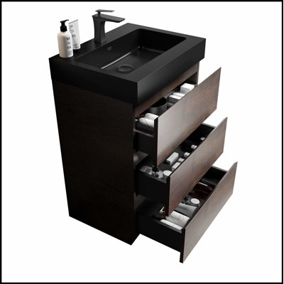 Meuble-lavabo 24 po avec grand rangement, lavabo une pièce noir, conception autoportante moderne, pré-assemblé pour une installation facile