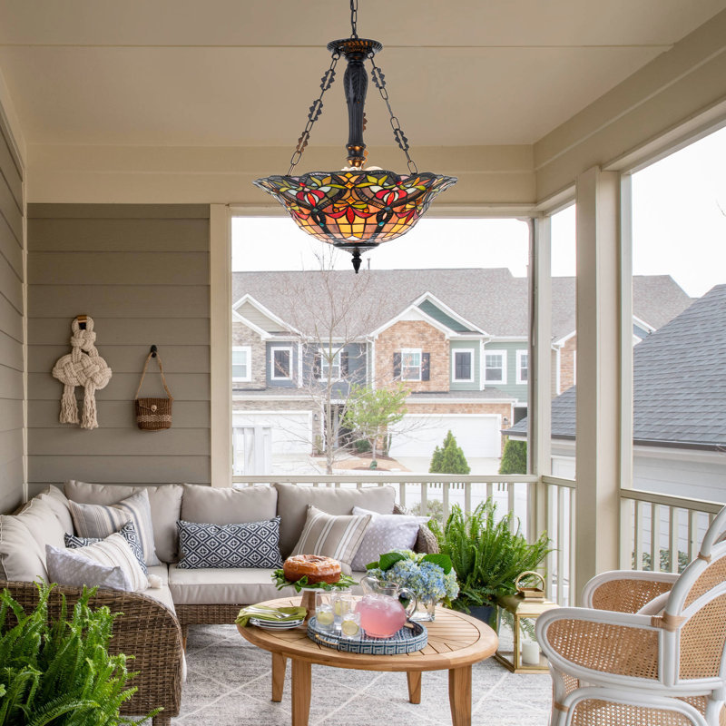 3 - Light Dimmable Tiffany Geometric Chandelier Semi Flush Mount Stained Glass Pendant Light
