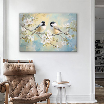 Two Black-Capped Chickadee Birds Perched on Blooming White Spring Blossom Branches Soft Pastel Painting, Canvas Wall Art for Farmhouse Decor