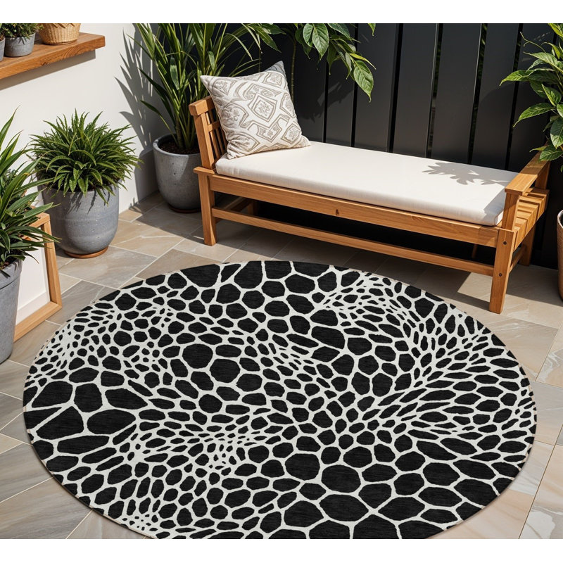 Tapis intérieur et extérieur rond lavable noir et ivoire HomeRoots 8 pi