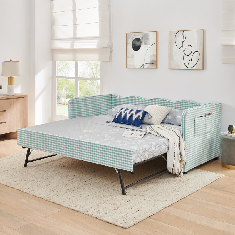 Twin-Size Gingham Upholstered 3-in-1 Convertible Sofa Bed with Pull-Out Trundle and Side Storage Pockets, Perfect for Small-Space Living